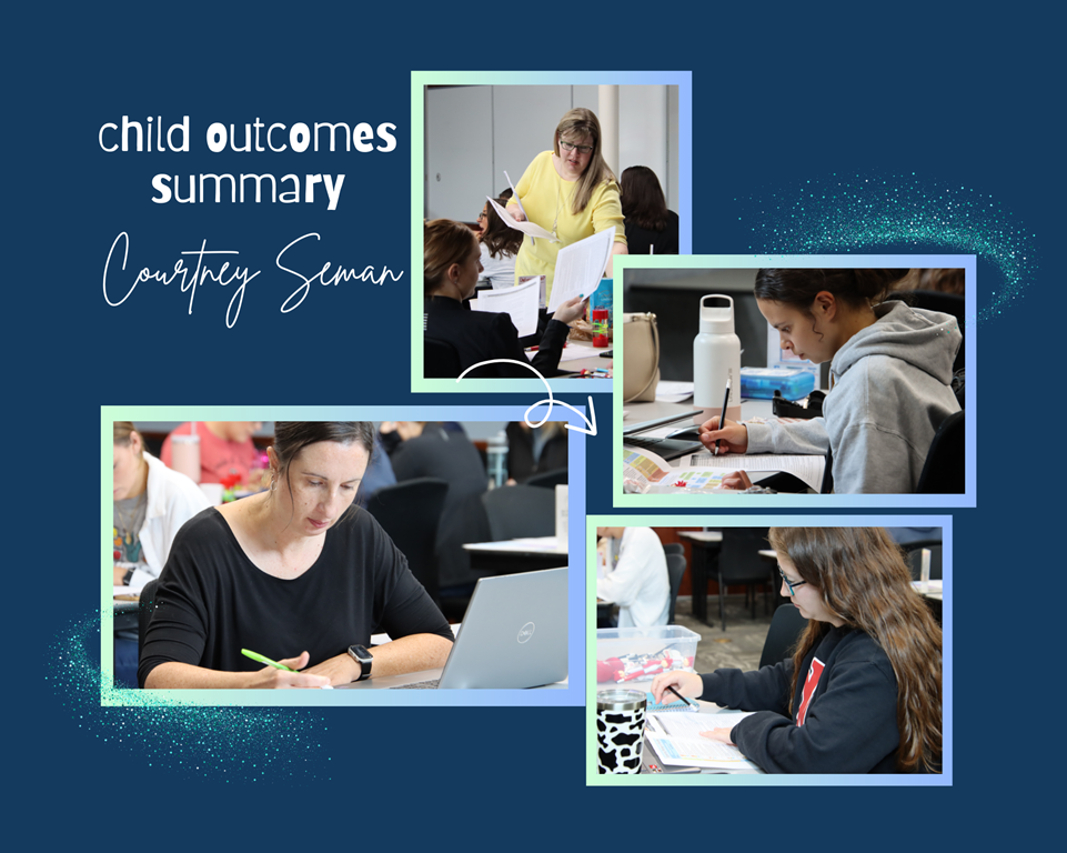 photo collage of people writing (3 females) one lady handing out papers