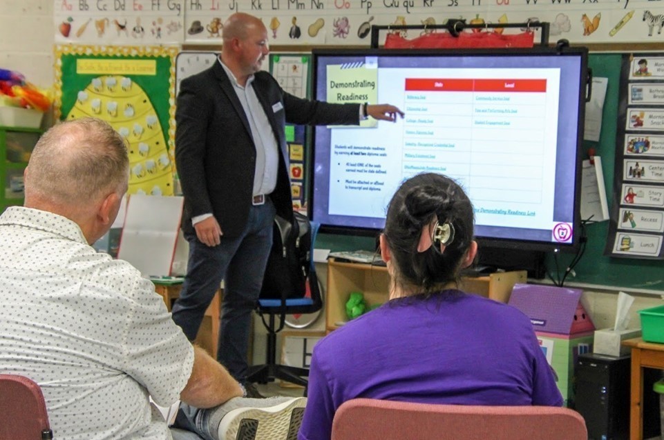 A GUY PRESENTING AND POINTING TO THE SCREEN